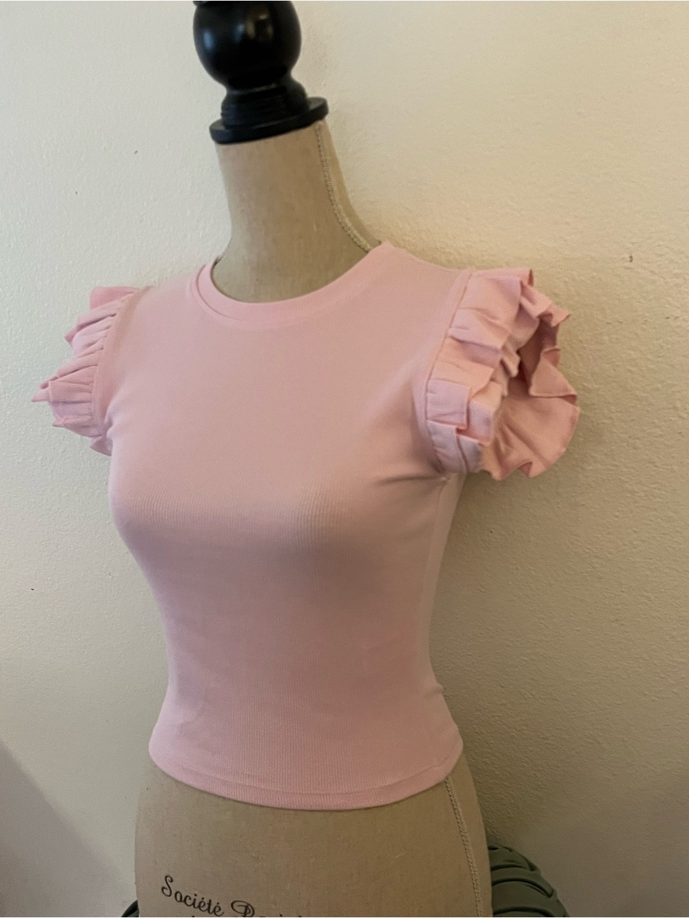 Zara Light Pink Ribbed Tee with Ruffle Sleeves - Picture 2 of 5